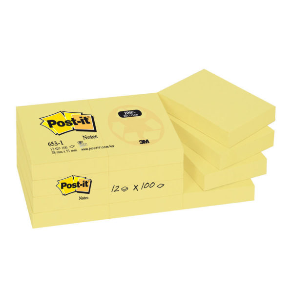 POSTIT RECYCLED NOTES 38X51MM YELLOW P12