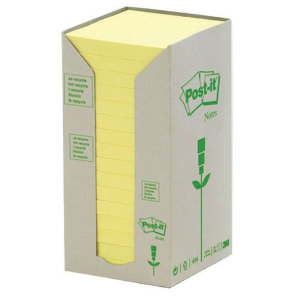 POSTIT RECYCLED PADS 76X76MM YELLOW PK16