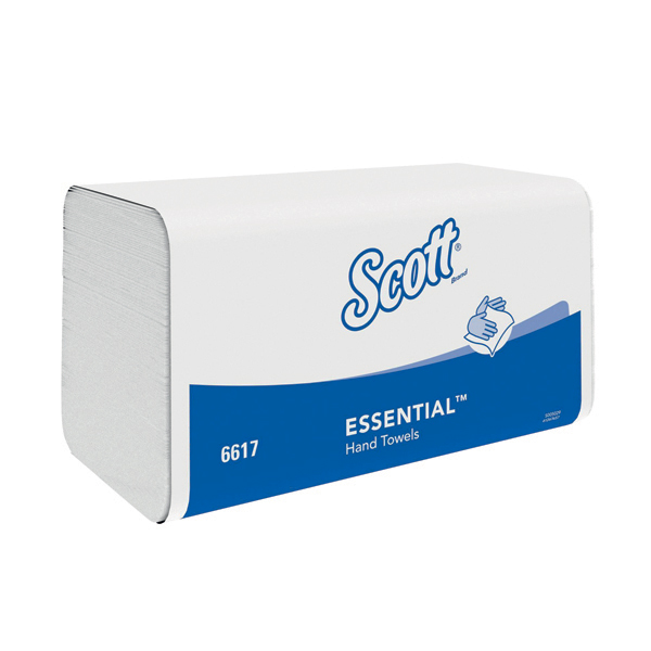 white interfold hand towels in Scott white and blue packaging